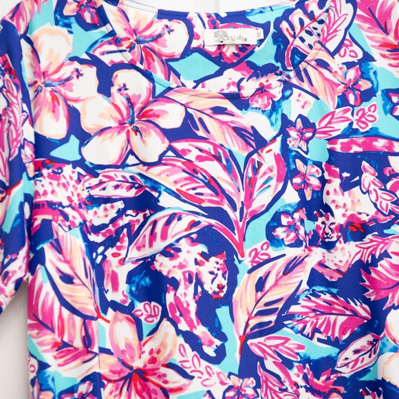 Aryeh XL Bright Tropical Floral Print Tunic Dress Pockets Performance Athleisure - Picture 2 of 6